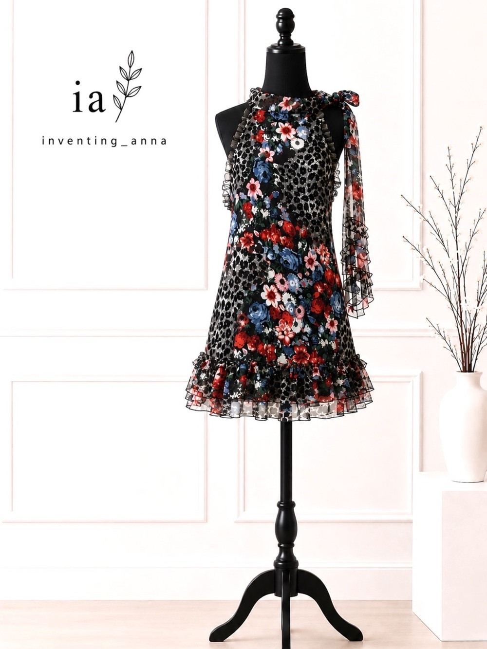 Runway Floral Leopard Print Ruffle Mini Dress Sheer Neck Tie size M
